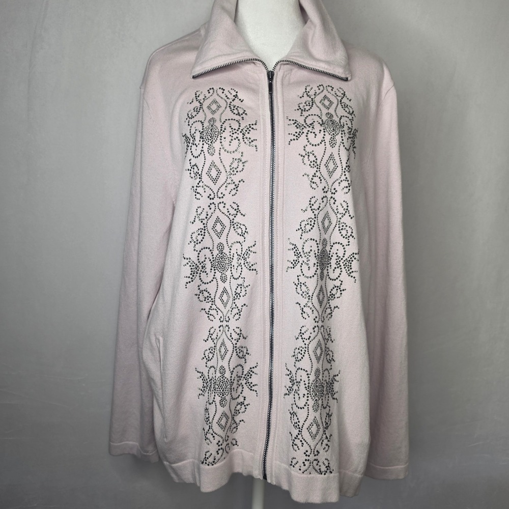 Chicos Zenergy Rhinestone Embellished Zip Front Cardigan Sweater Orchid Size 3